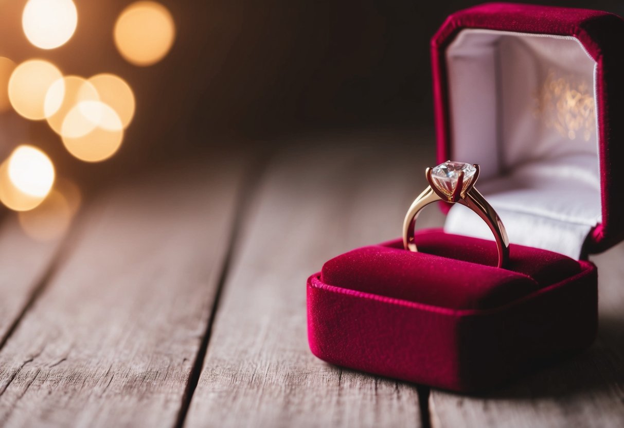 A single wedding ring rests on a velvet cushion, bathed in soft, warm light