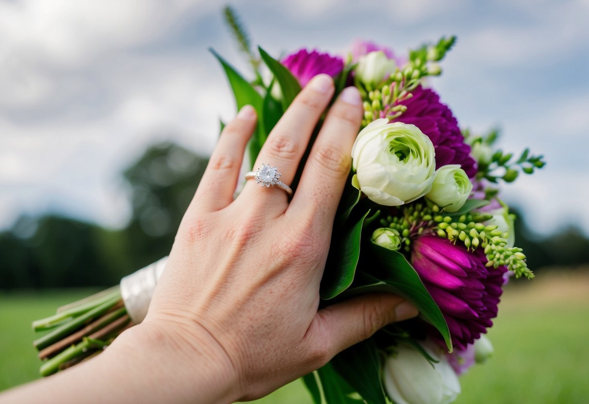 A single person's hand holding a bouquet of flowers, with a wedding ring visible on their finger