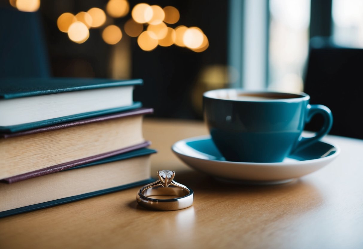 A ring sitting on a table next to a stack of books and a cup of coffee