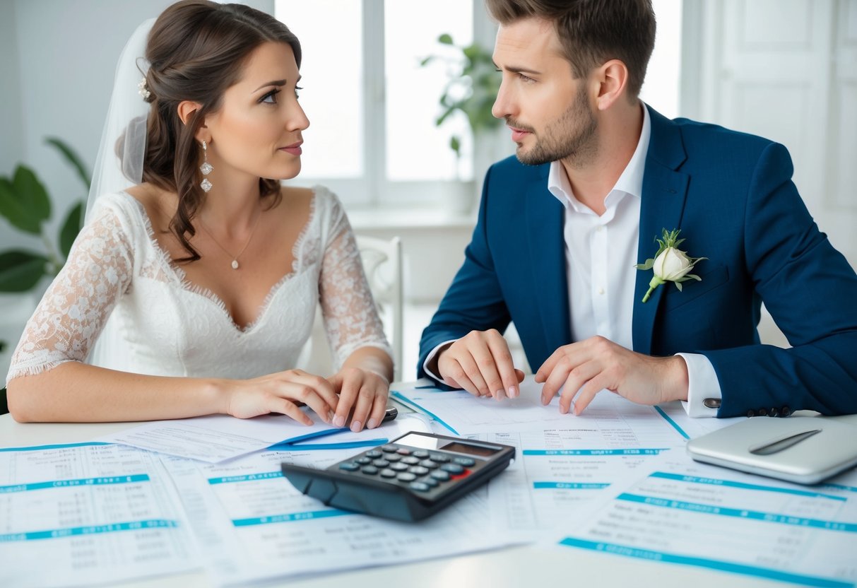 A couple sits at a table covered in spreadsheets and receipts, looking concerned as they discuss their wedding budget. A calculator sits in the middle of the table