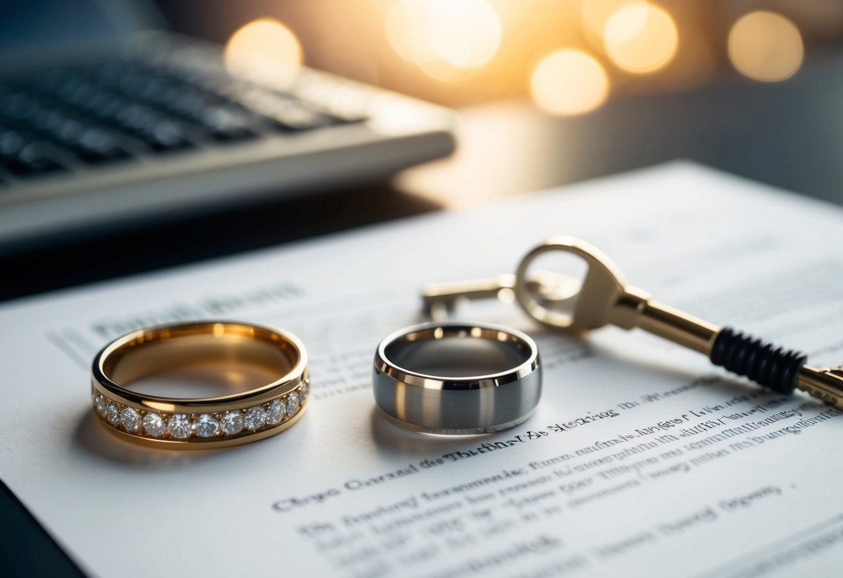 A wedding ring placed on a table next to a legal document and a set of keys