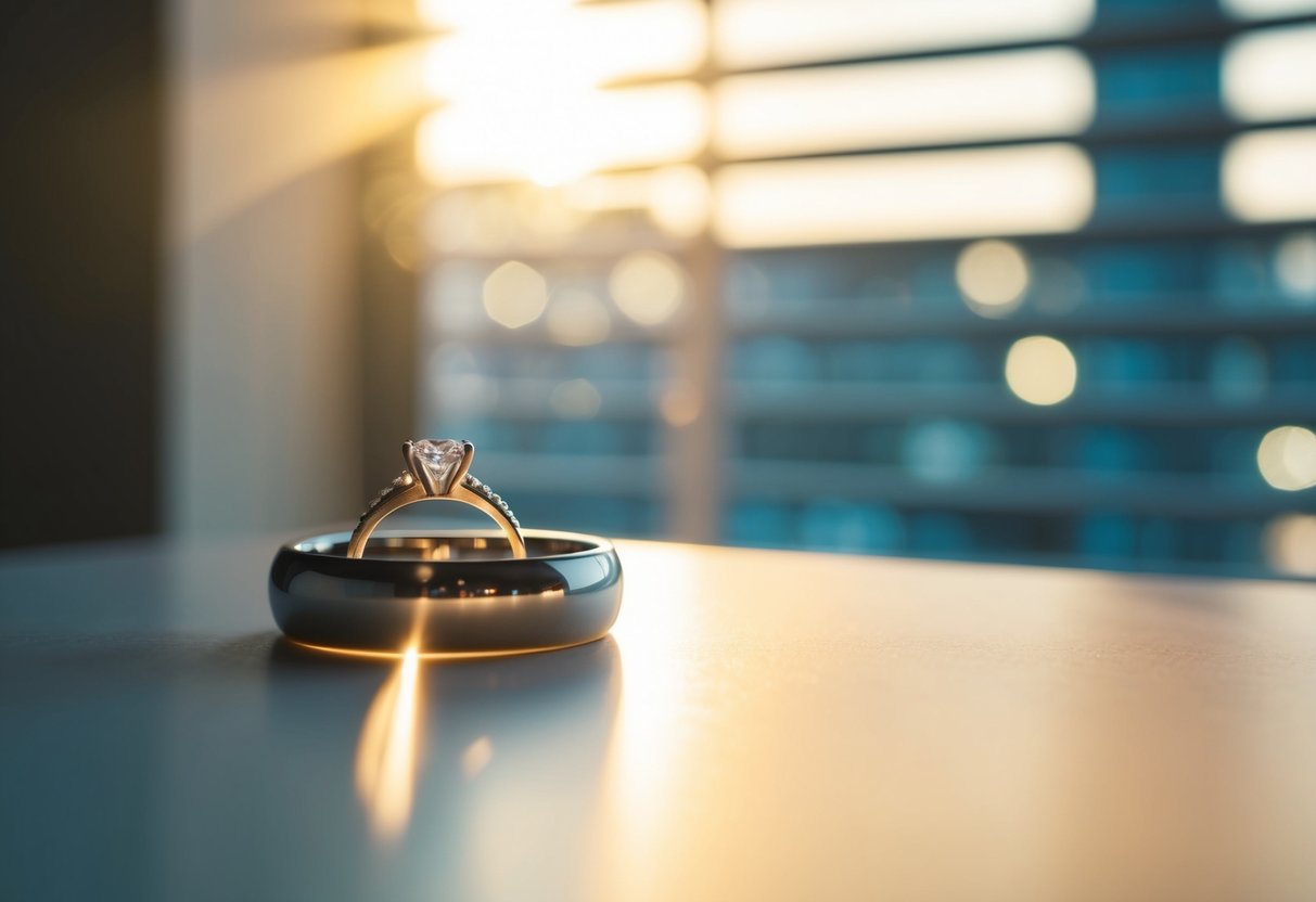 A wedding ring left on a bedside table, illuminated by a single ray of sunlight filtering through the window blinds