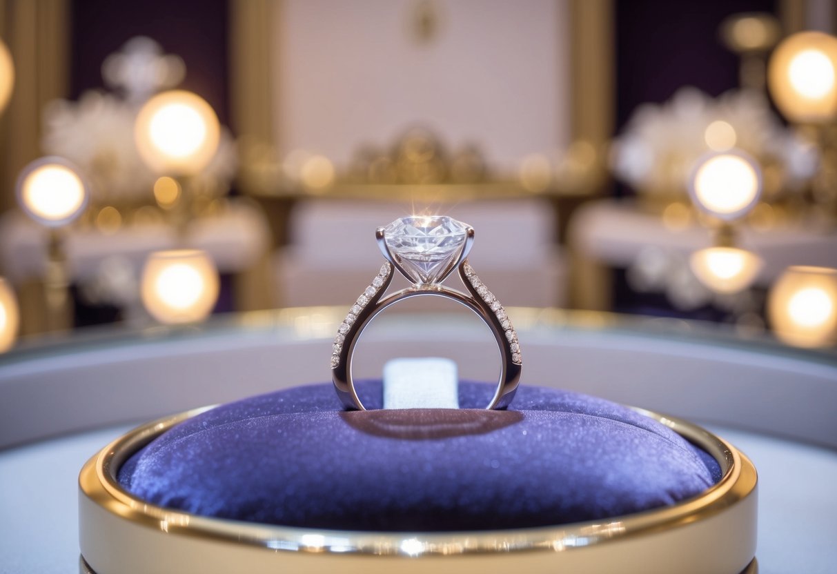 A sparkling diamond ring sits on a velvet cushion in a jewelry store display, surrounded by soft lighting and elegant decor