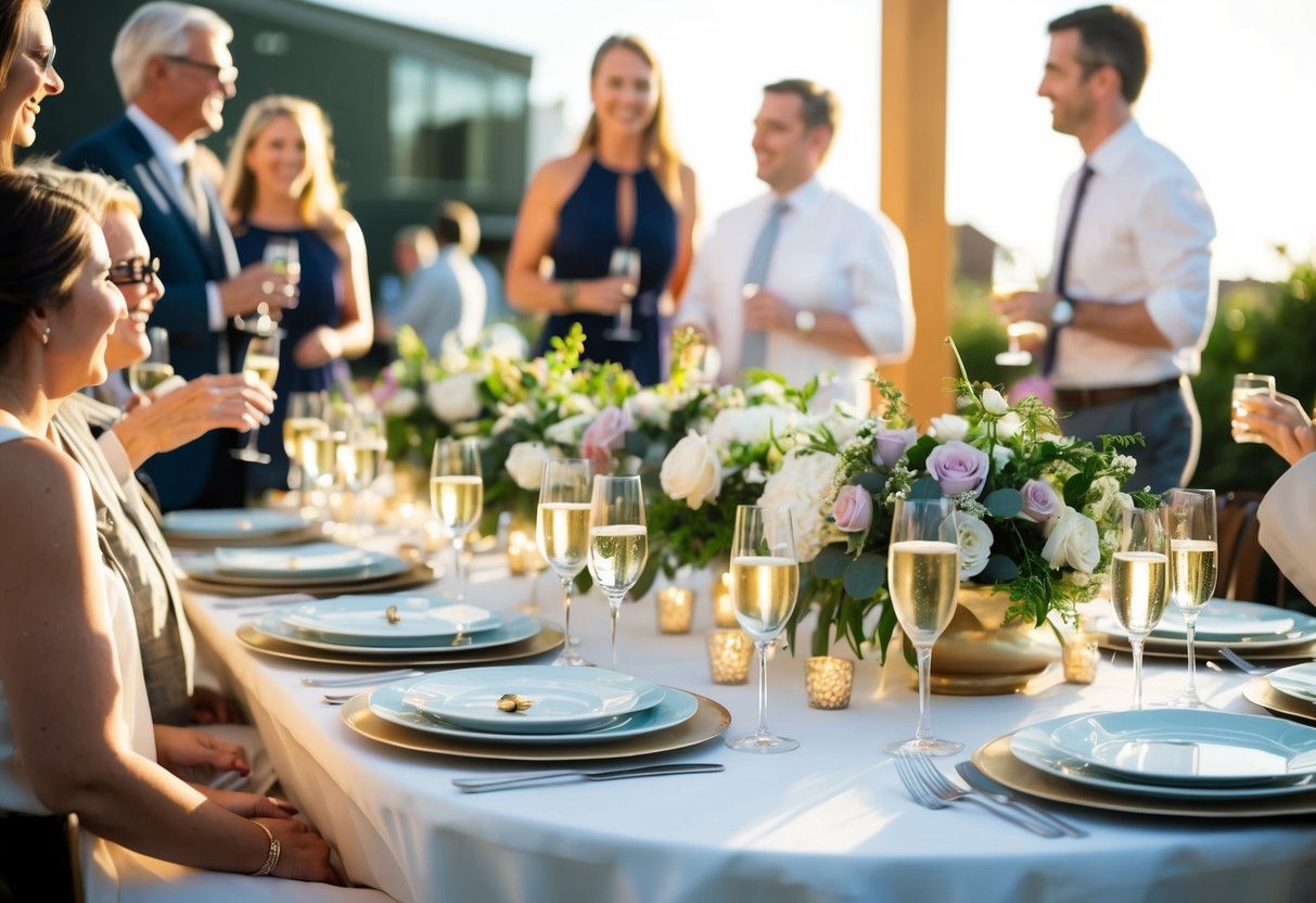A table set with elegant dishes and champagne glasses, surrounded by floral centerpieces and happy guests mingling at a sunny outdoor venue