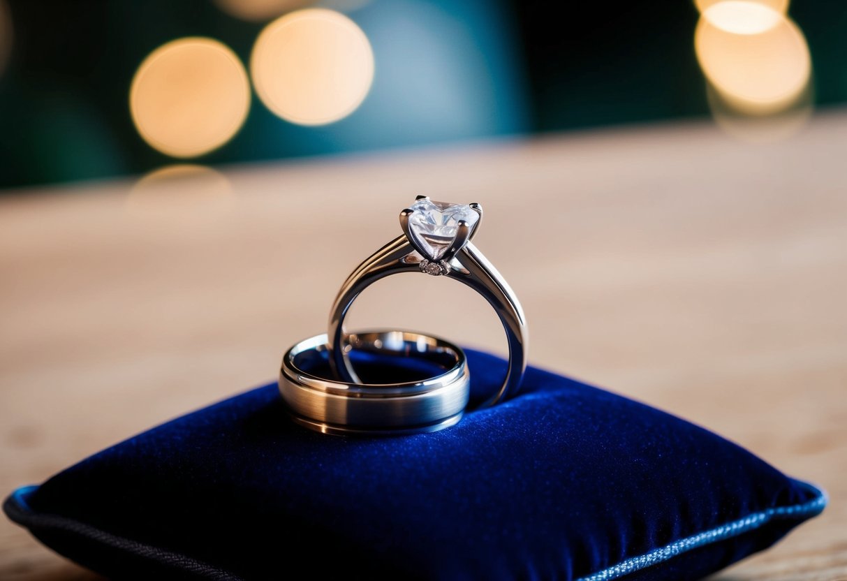 Two wedding rings resting on a velvet cushion