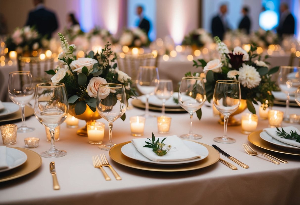 A table set with elegant dishes and glassware, surrounded by floral centerpieces and soft lighting, creating a warm and inviting atmosphere for a wedding brunch