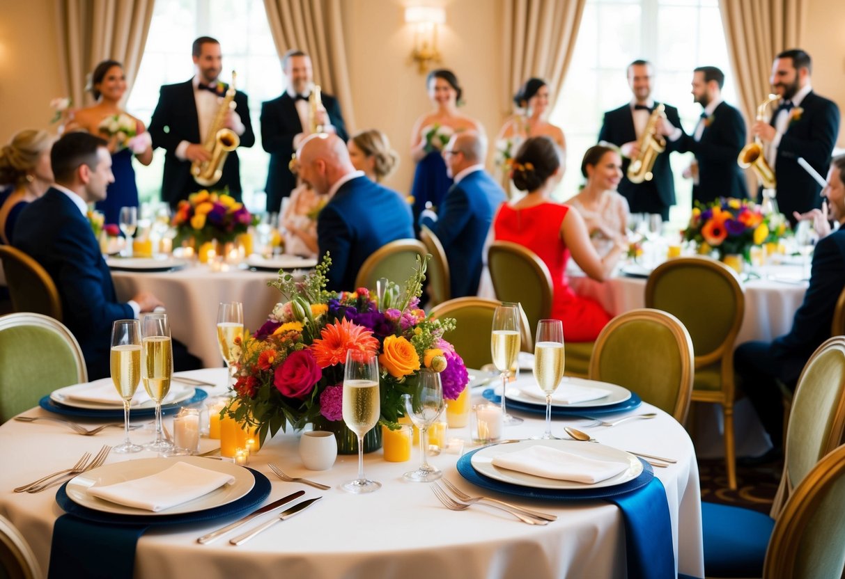 A wedding brunch with festive elements: tables adorned with colorful flowers, champagne flutes, and elegant place settings. A live band plays joyful music as guests mingle and celebrate