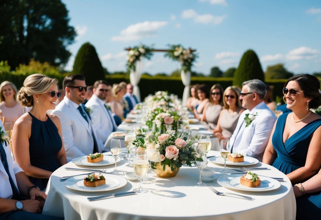A sunny outdoor wedding brunch with elegant table settings, floral centerpieces, and guests dressed in semi-formal attire