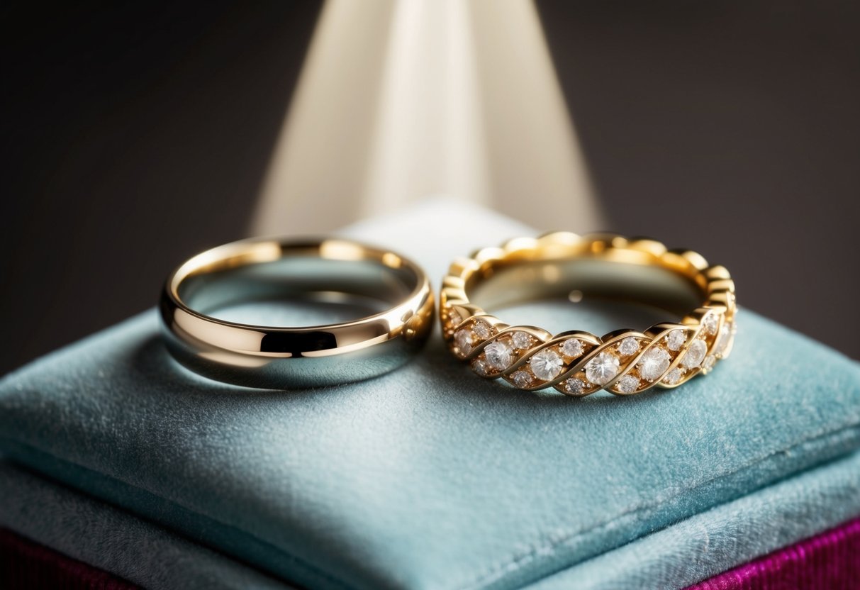 Two rings resting on a velvet cushion, one simple and elegant, the other adorned with intricate designs. A beam of light highlights the shimmering gold and sparkling gemstones