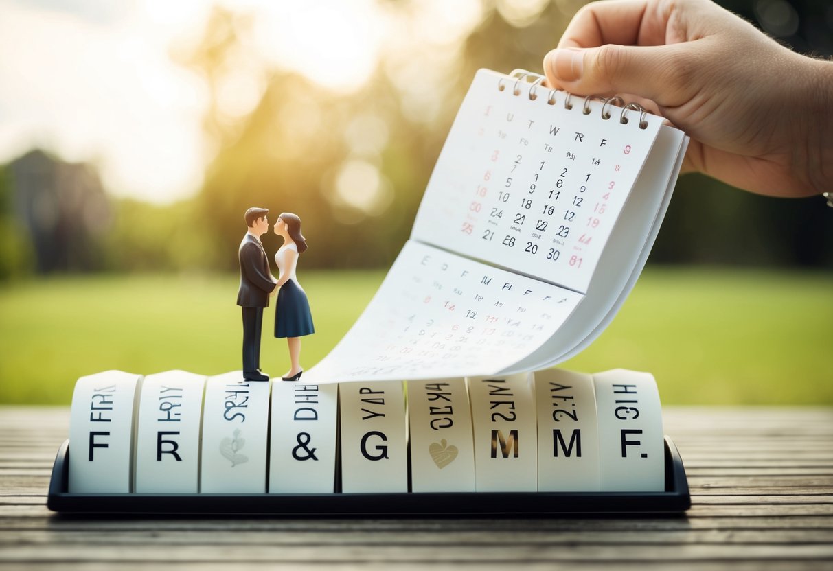 A couple's timeline from first date to engagement, represented by a series of calendar pages turning