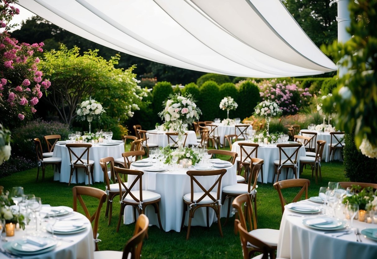 A garden luncheon wedding: tables set with elegant place settings, surrounded by blooming flowers and lush greenery, under a canopy of billowing white fabric