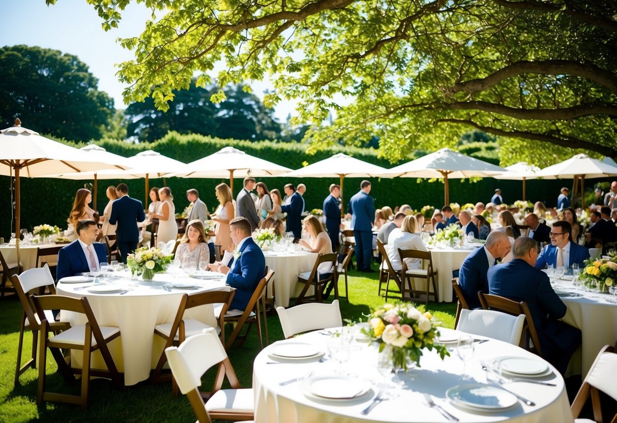 A sunny garden with round tables, white tablecloths, and floral centerpieces. Guests mingle and enjoy a midday meal under a canopy of trees