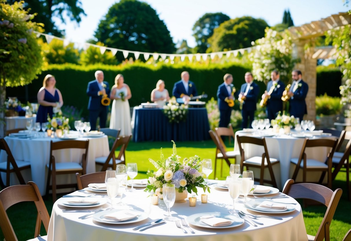A sunny garden with tables set for a luncheon wedding, adorned with flowers and elegant place settings. A small band plays in the background