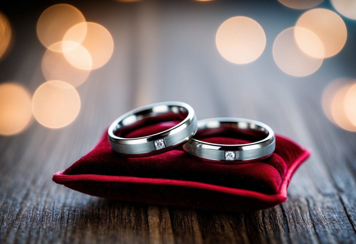 Two wedding rings resting on a velvet cushion