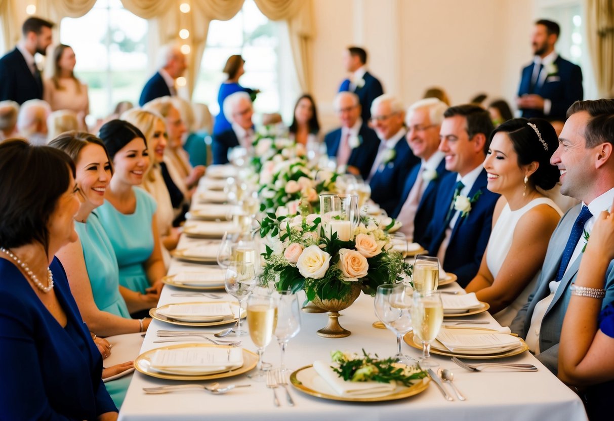 A table set with elegant place settings and floral centerpieces, surrounded by happy guests chatting and enjoying a luncheon wedding celebration