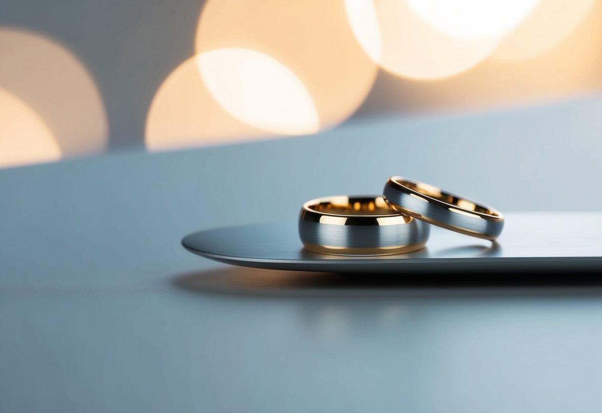 A close-up of two wedding rings resting side by side on a sleek, minimalist surface, with a soft, diffused light casting a gentle glow over them