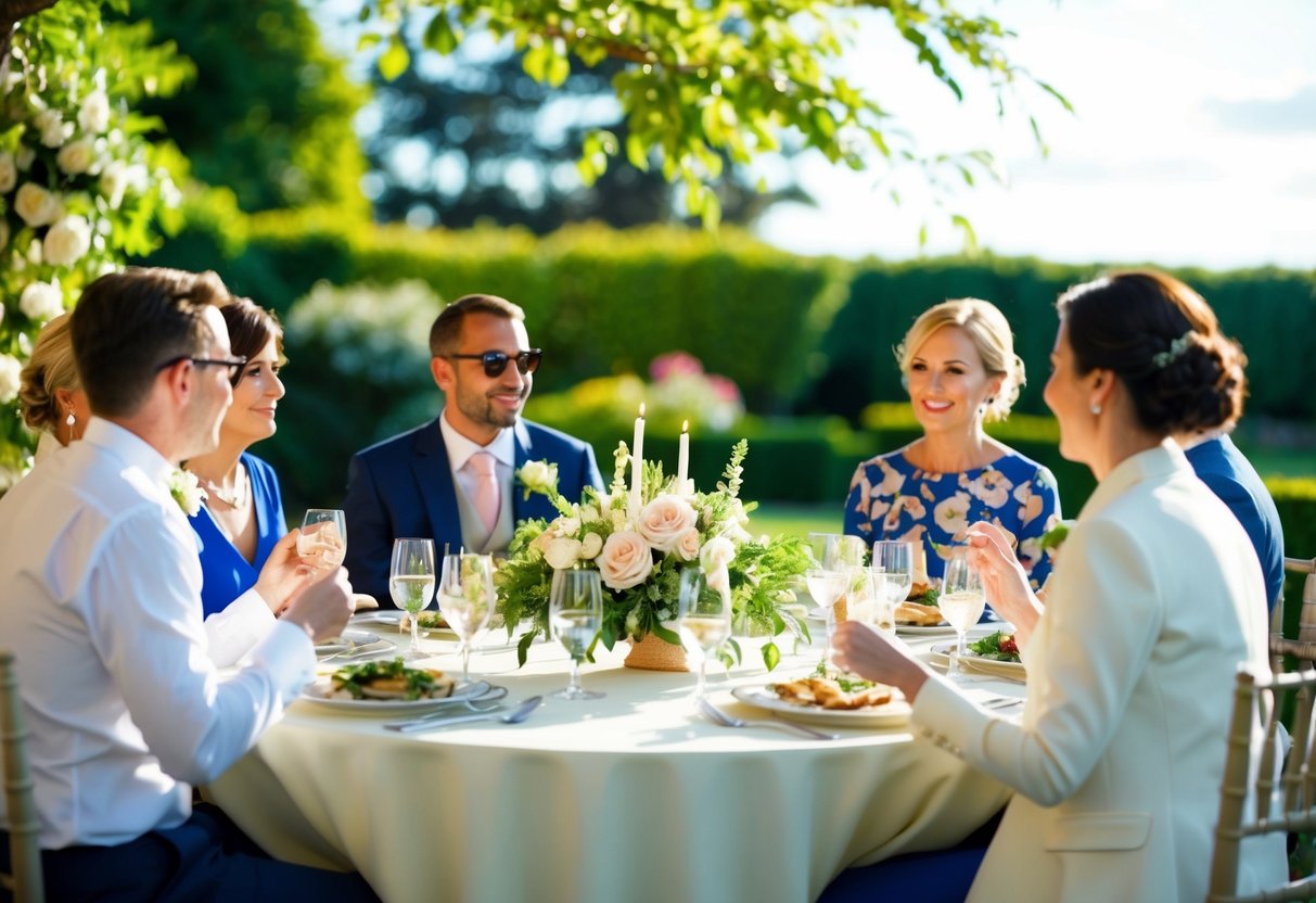 A luncheon wedding: a sunny garden setting with elegant tables, floral centerpieces, and guests enjoying a meal and conversation