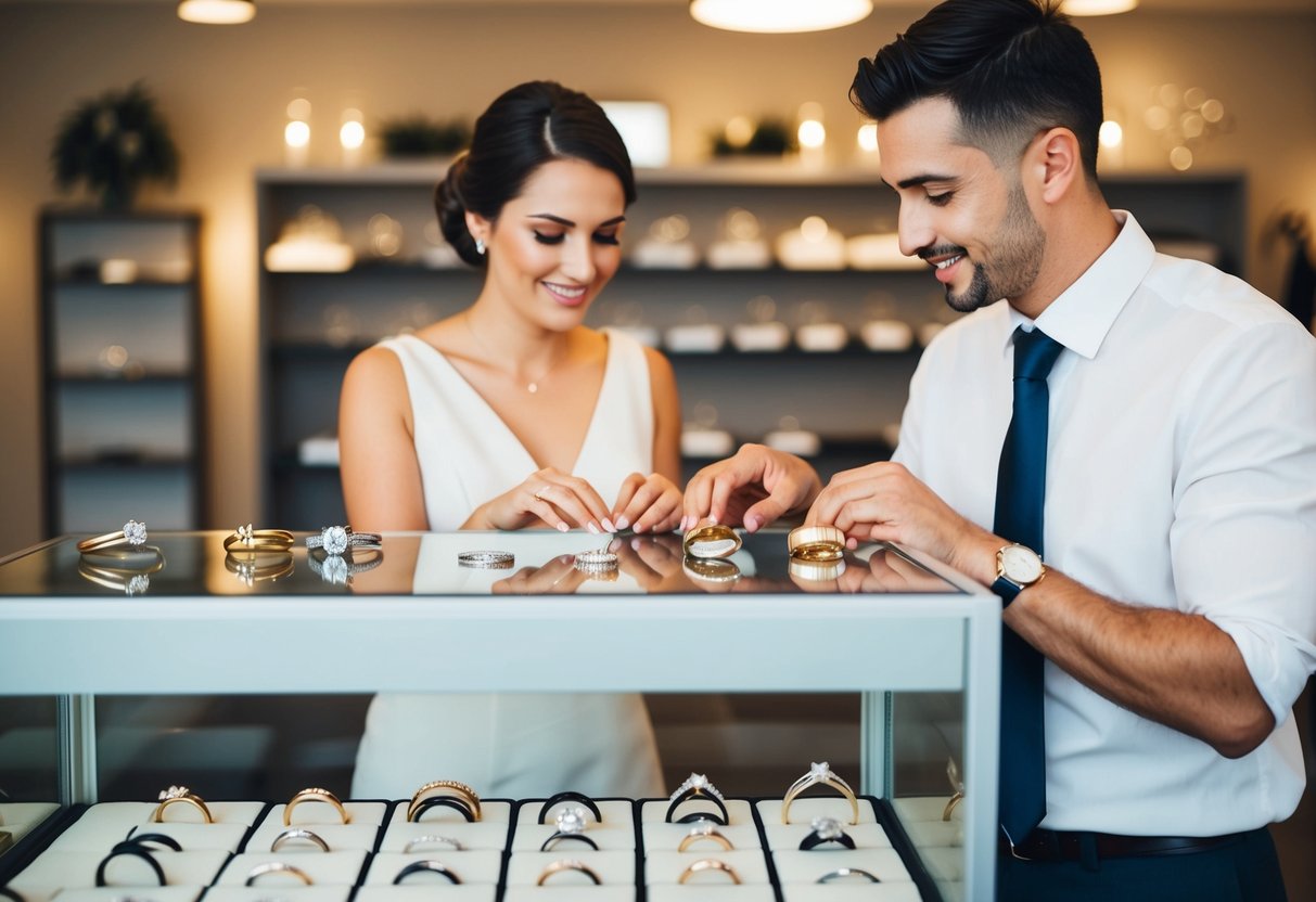 A couple stands in front of a display case filled with wedding rings, carefully examining and selecting their matching bands