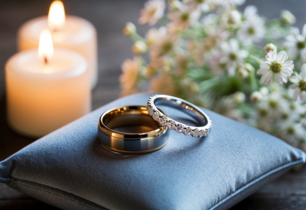 A pair of wedding rings resting on a velvet pillow, surrounded by delicate flowers and soft candlelight