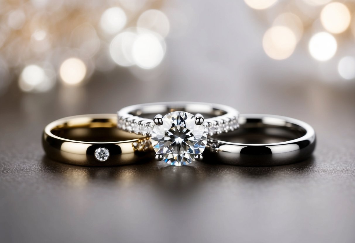 A diamond engagement ring flanked by two matching wedding bands, symbolizing the past, present, and future of a couple's love
