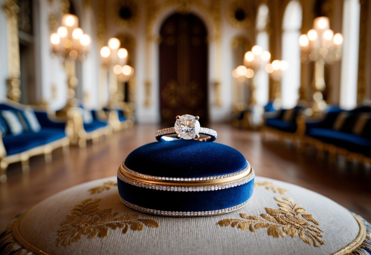 A sparkling engagement ring sits atop a velvet cushion in a grand palace setting. Surrounded by opulent decor, it exudes luxury and elegance