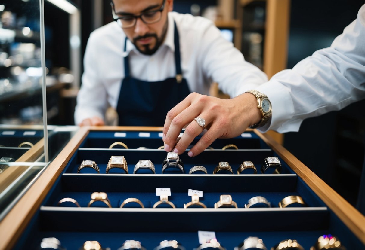 A jeweler carefully arranging a display of men's wedding rings, each with varying designs and price tags