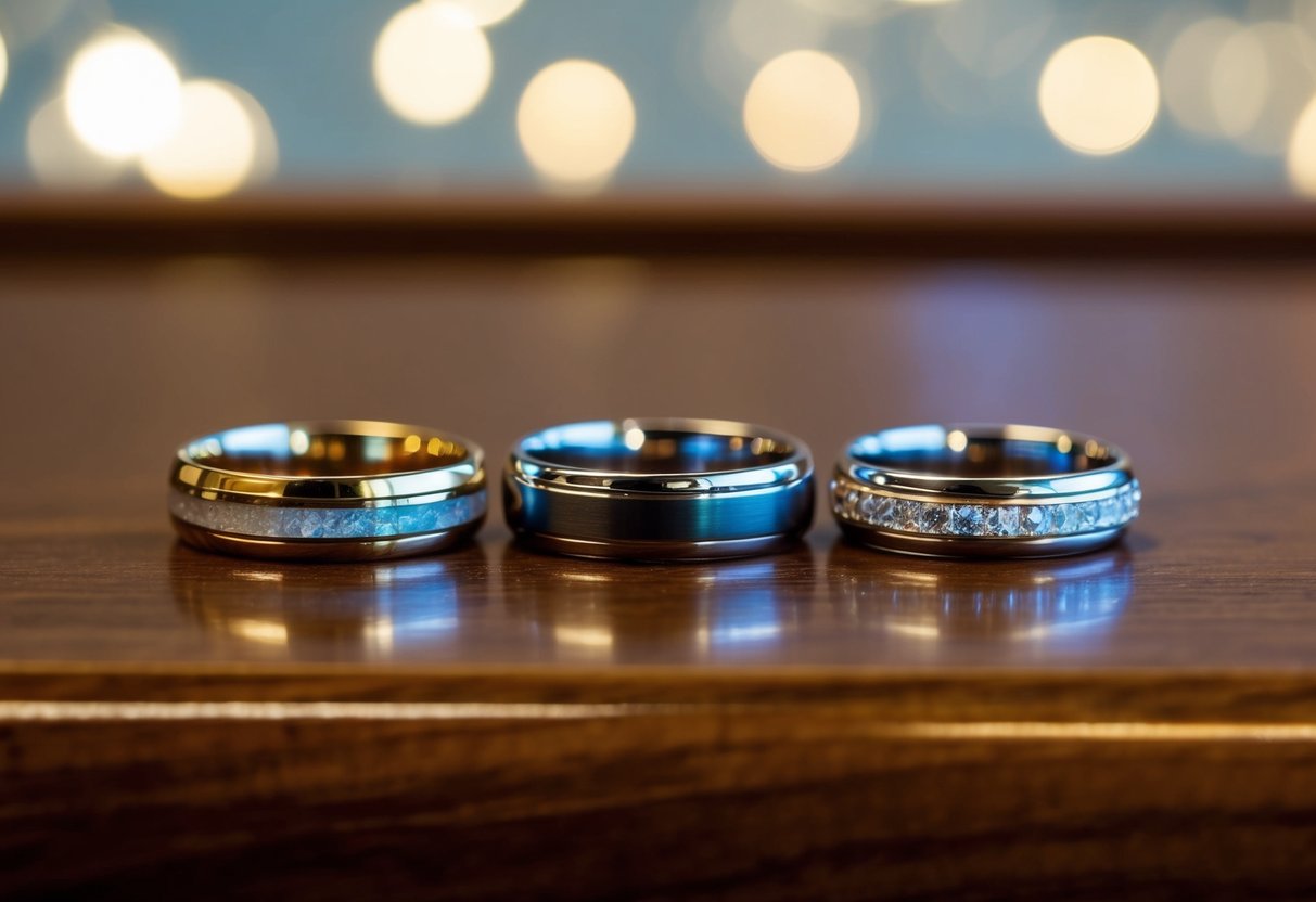 Three wedding rings arranged in a row, each with a different design and material, sitting on a polished wooden surface