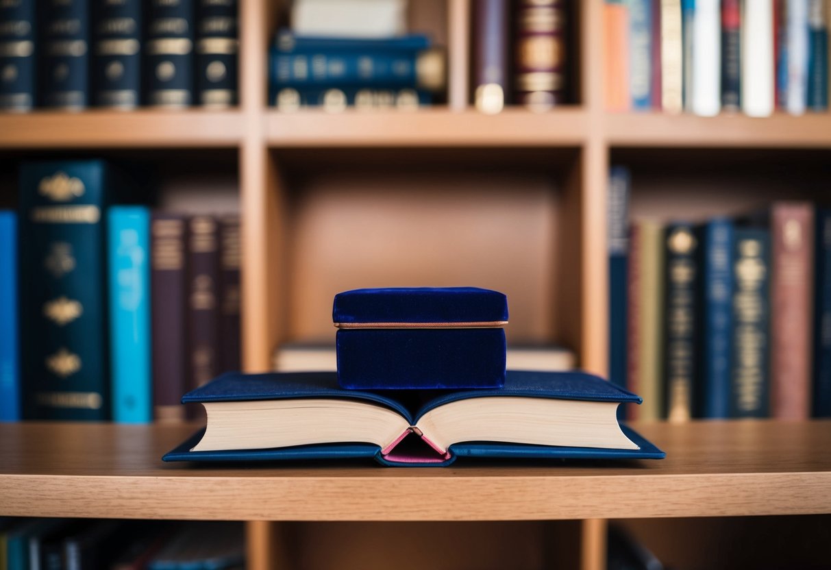 A small velvet box hidden inside a hollowed-out book on a cluttered bookshelf