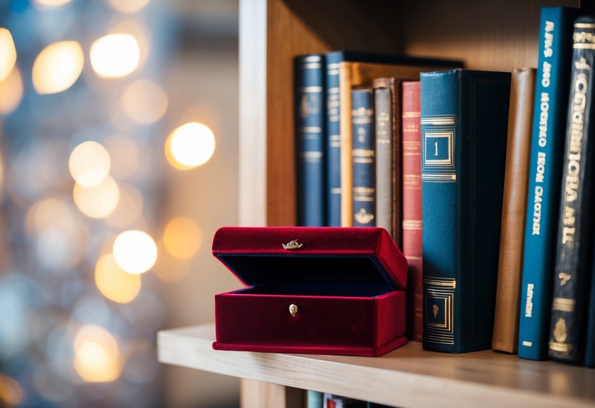 A small velvet box hidden inside a hollowed-out book on a cluttered shelf