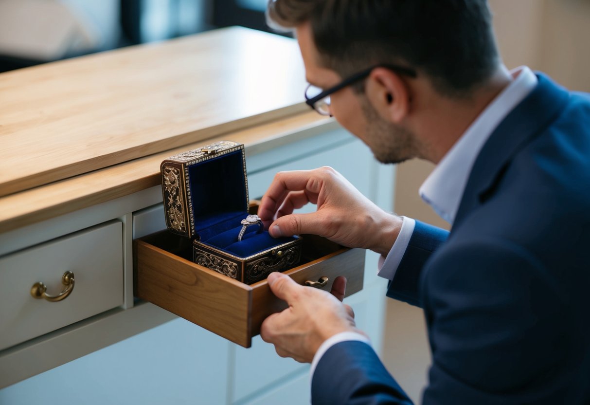 A man carefully hides an engagement ring inside a small, ornate jewelry box, placing it in a hidden compartment within a drawer