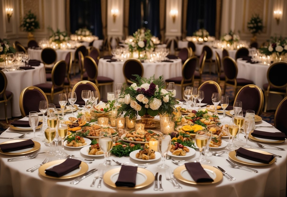 A grand banquet table adorned with elegant place settings, overflowing with an assortment of delectable dishes and surrounded by opulent decor
