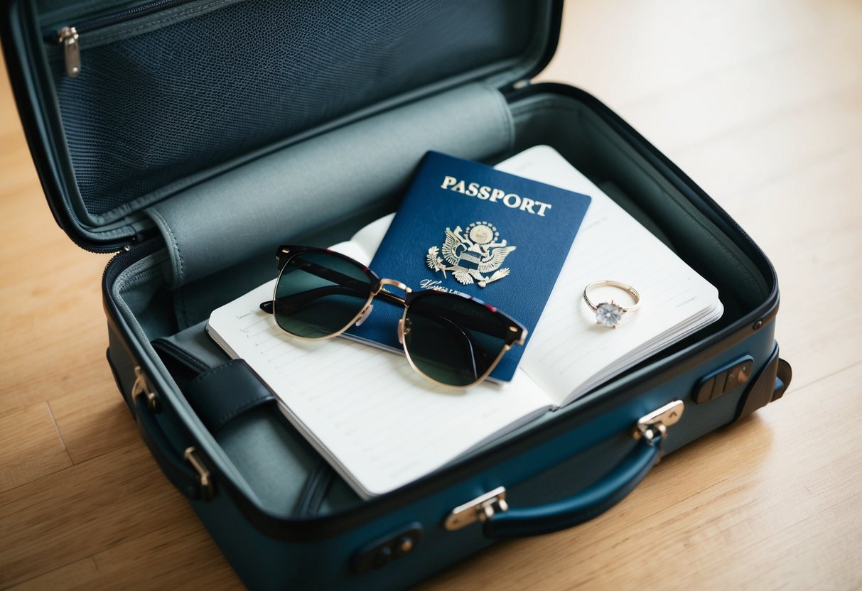 An open suitcase with a passport, sunglasses, and a sparkling engagement ring resting on top