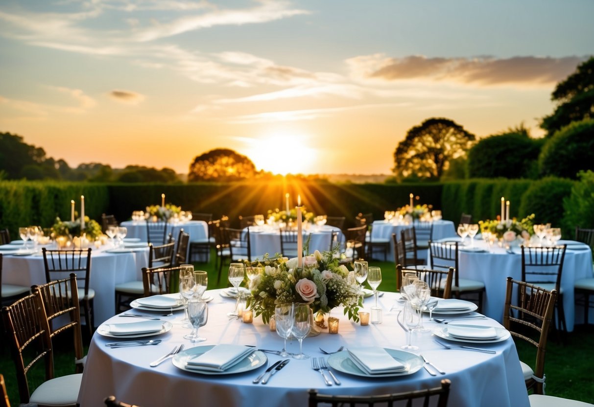 The sun rises over a garden filled with tables set for a wedding breakfast, with fresh flowers and elegant place settings