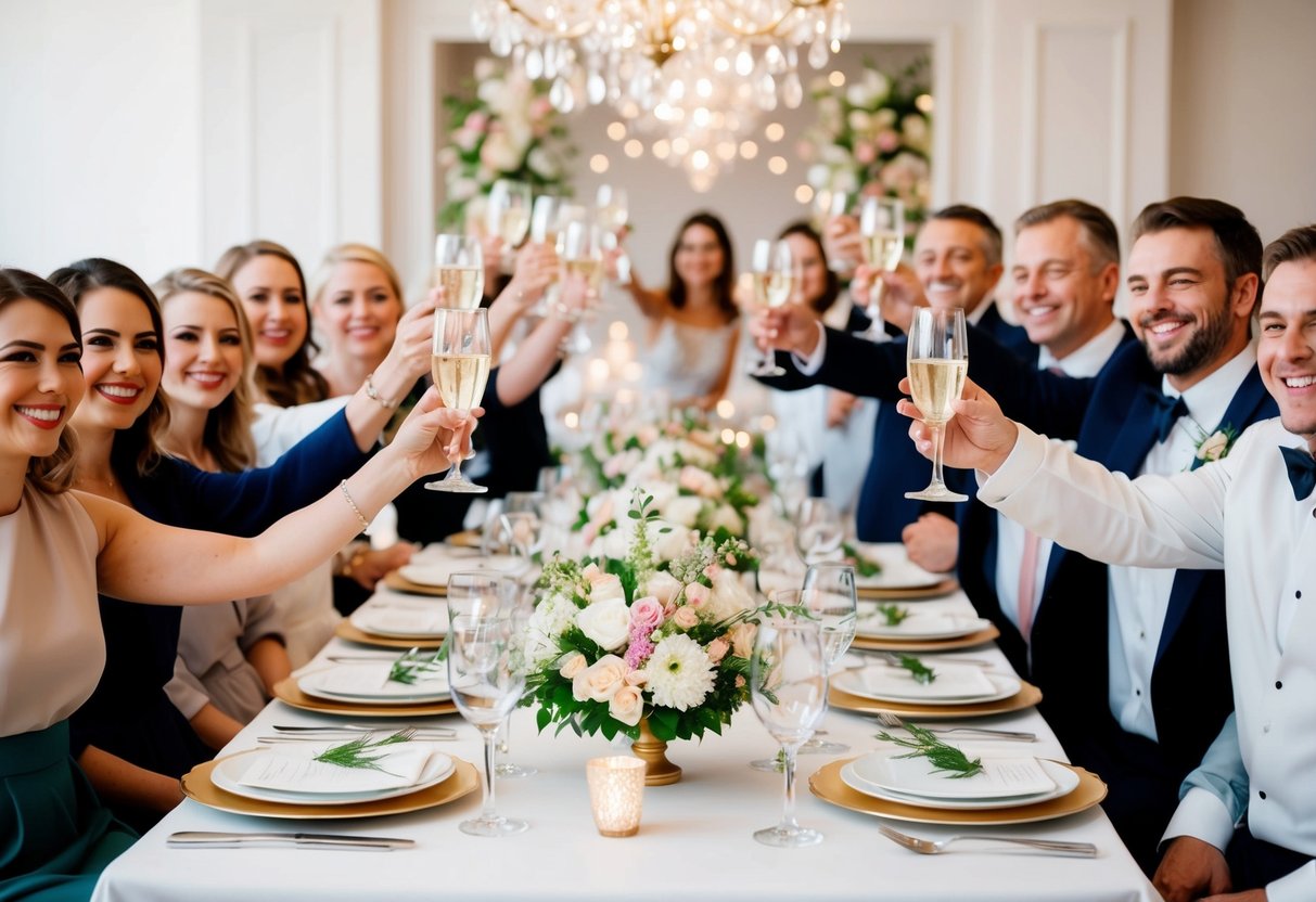 A table set with elegant place settings and floral centerpieces, surrounded by cheerful guests raising their glasses in celebration