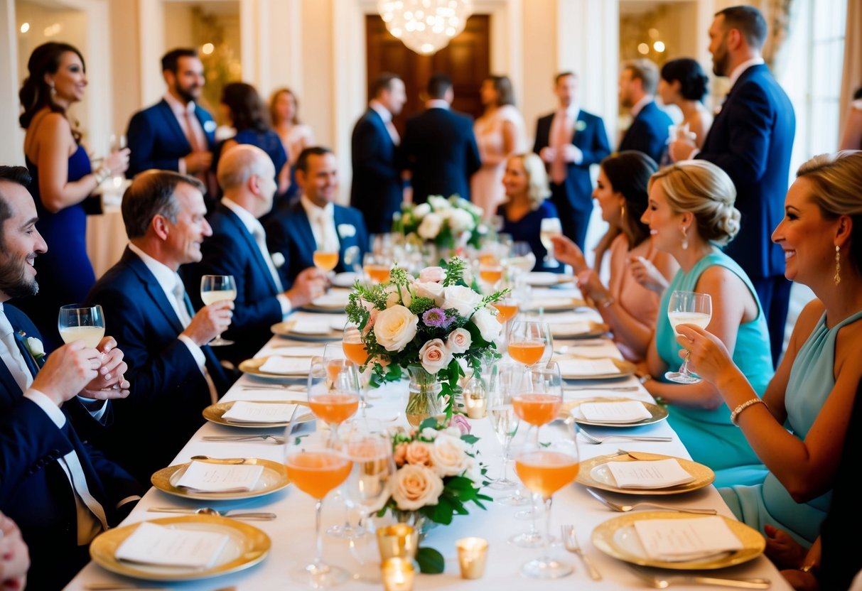 A table set with elegant place settings and floral centerpieces, surrounded by guests mingling and enjoying cocktails