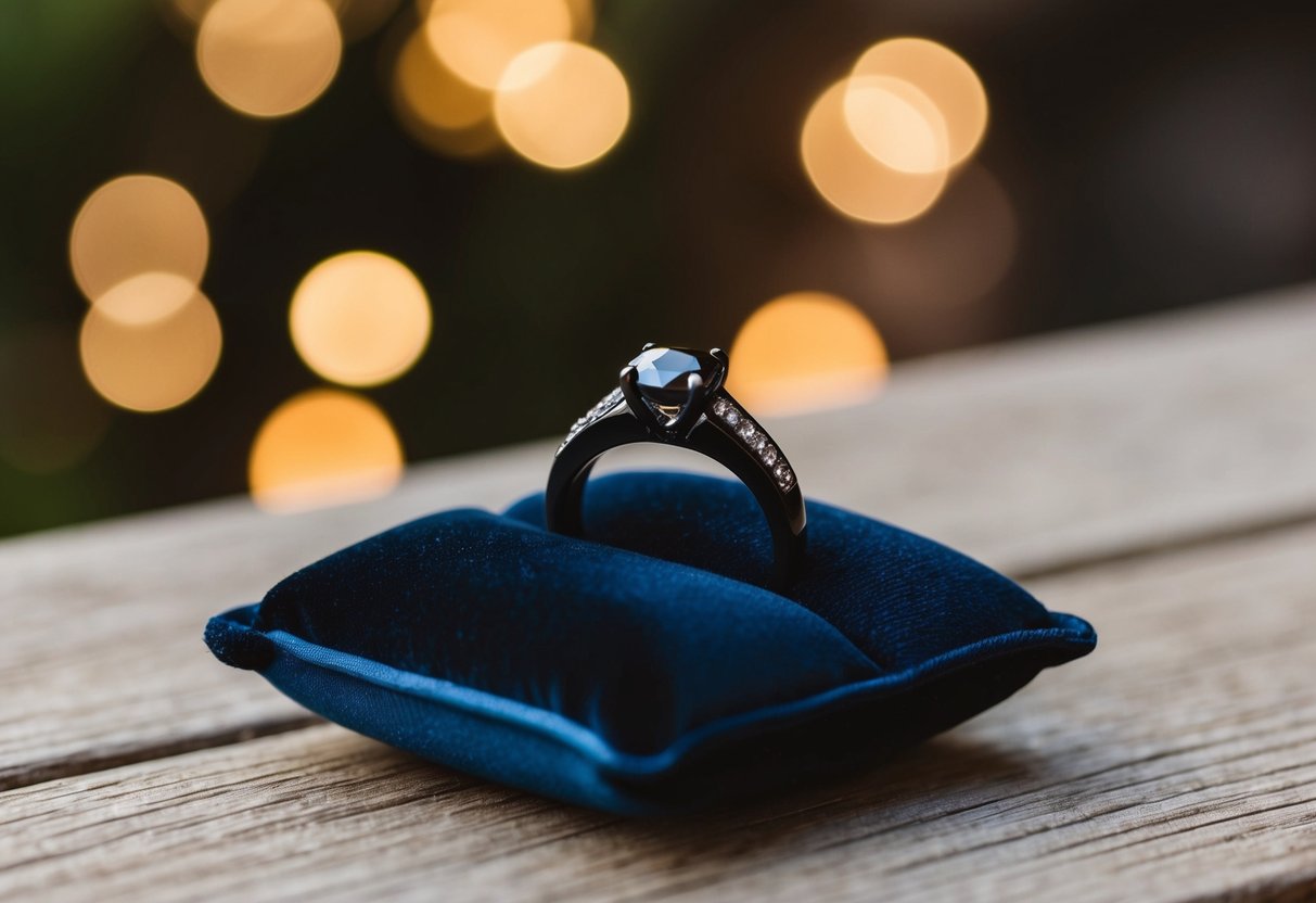 A black wedding ring placed on a velvet cushion with soft lighting
