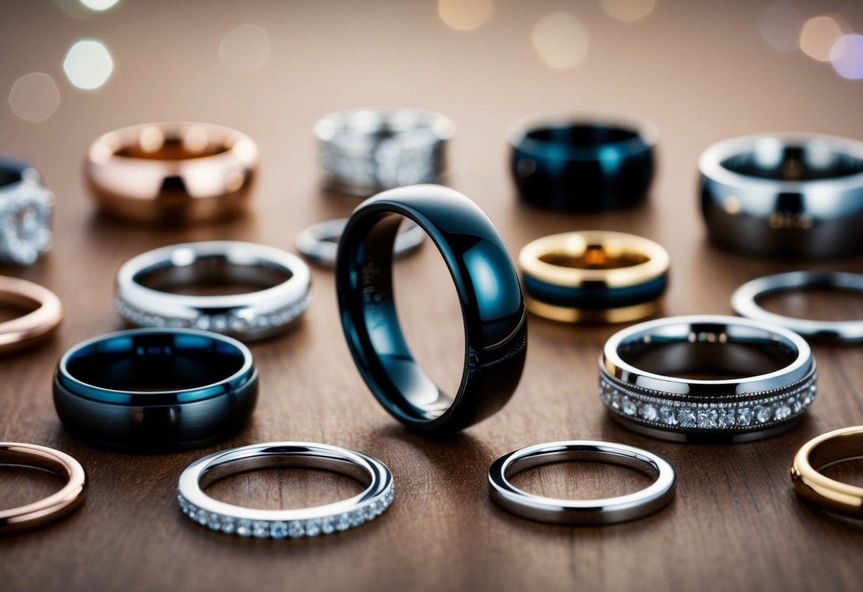 A sleek black wedding ring surrounded by various other ring options in different materials and styles