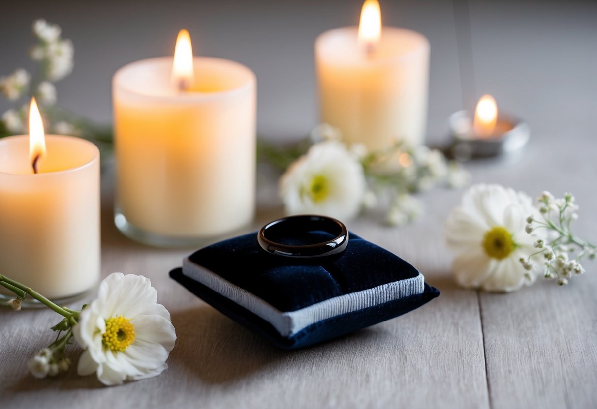 A black wedding ring resting on a velvet cushion, surrounded by soft candlelight and delicate florals