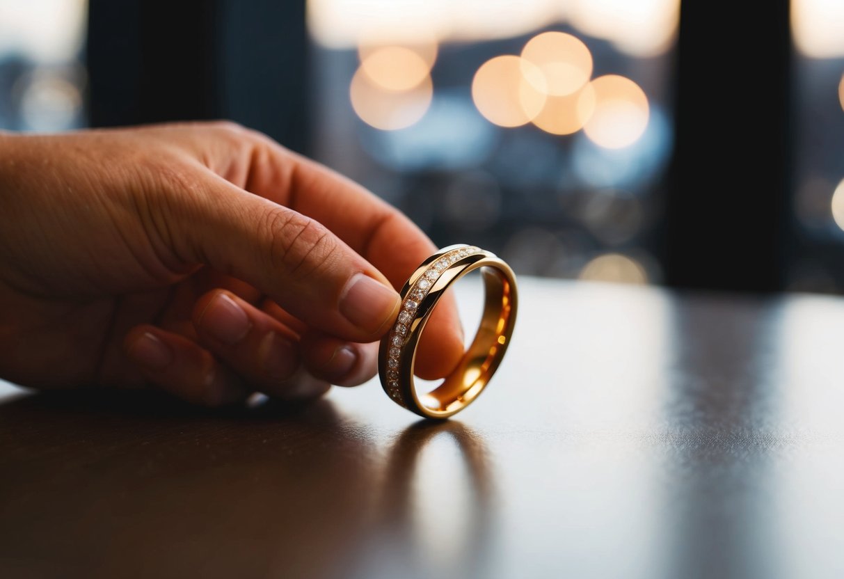 A hand spins a wedding ring on a table, the gold band catching the light