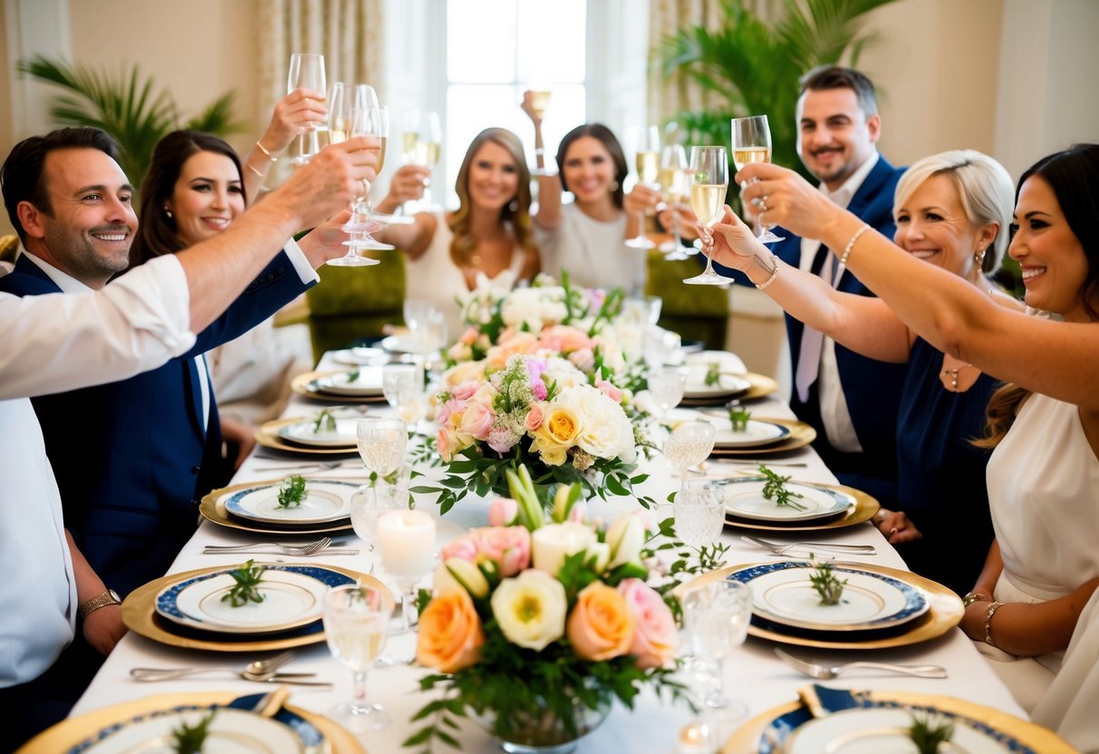 A beautifully decorated table set with elegant dishes and flowers, surrounded by happy guests raising their glasses in celebration