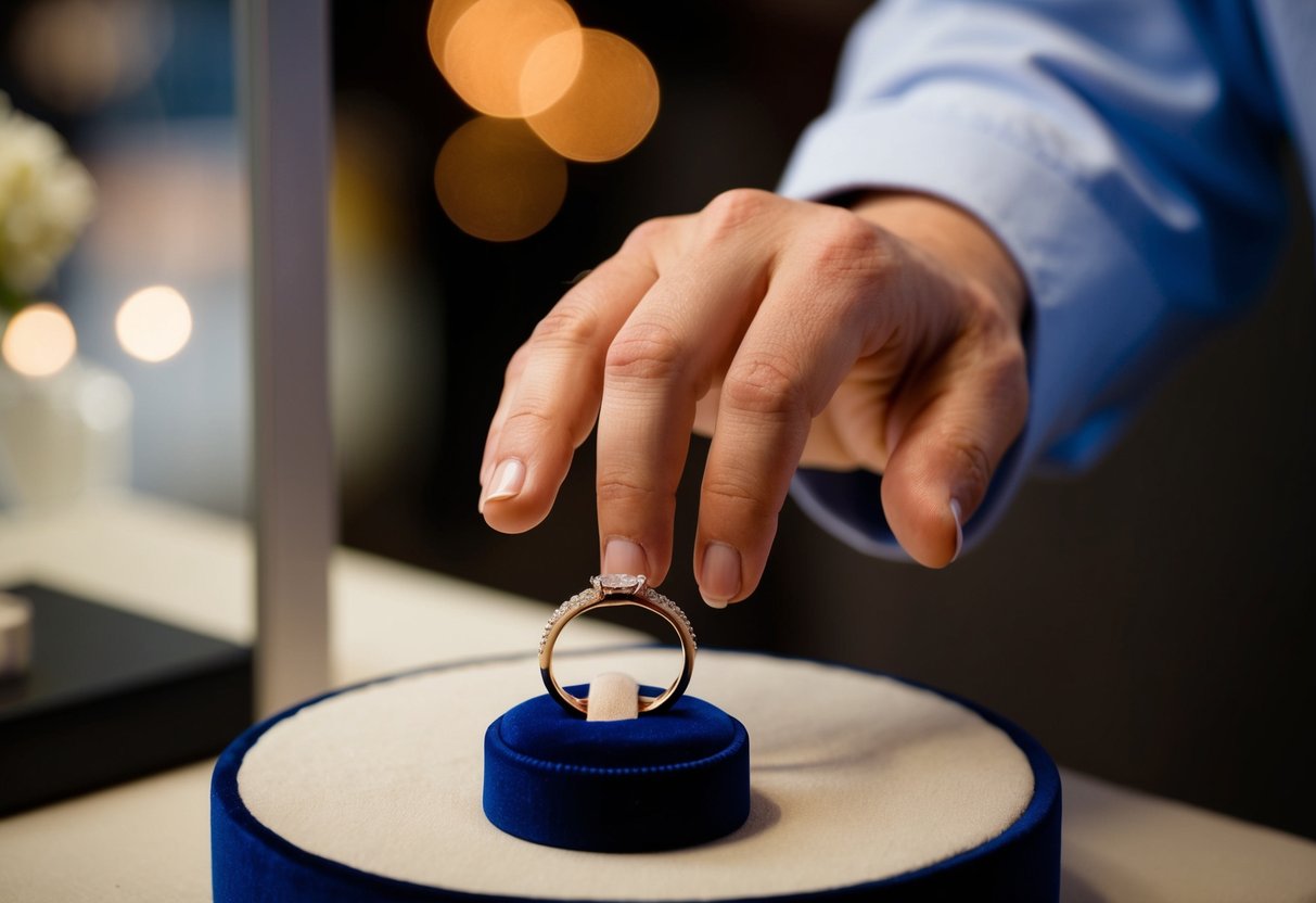 A hand reaching for a new wedding band on a velvet display