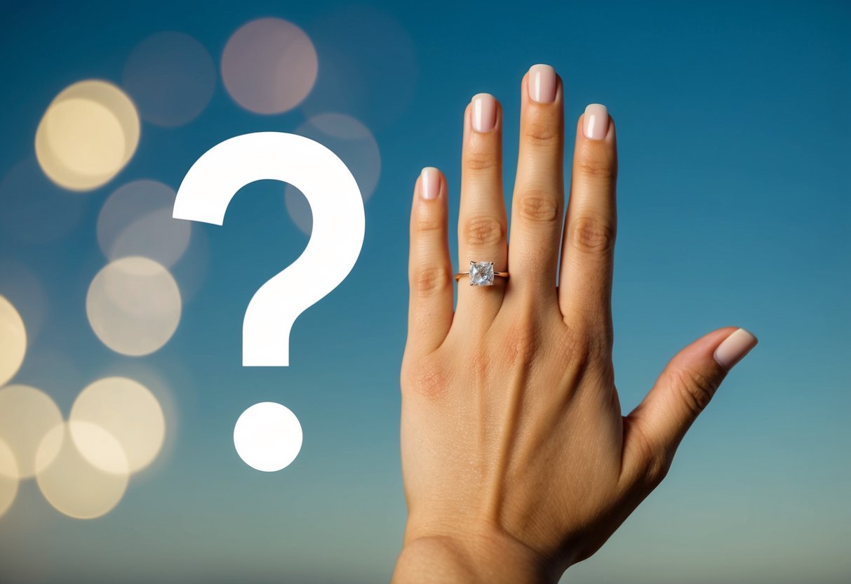 A hand with a ring on the fourth finger, symbolizing marriage, next to a question mark