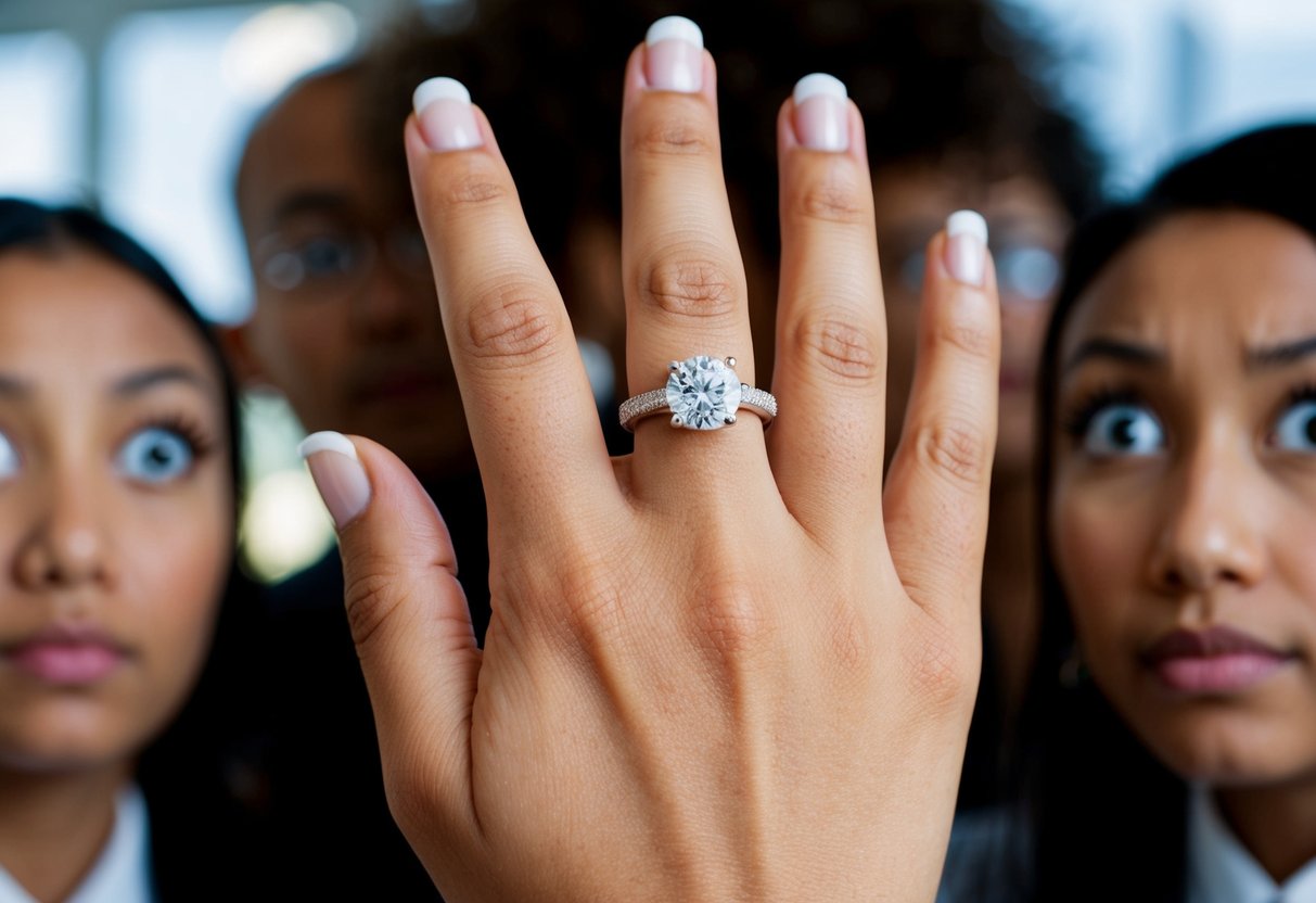 A hand with a ring on the wedding finger, surrounded by questioning eyes