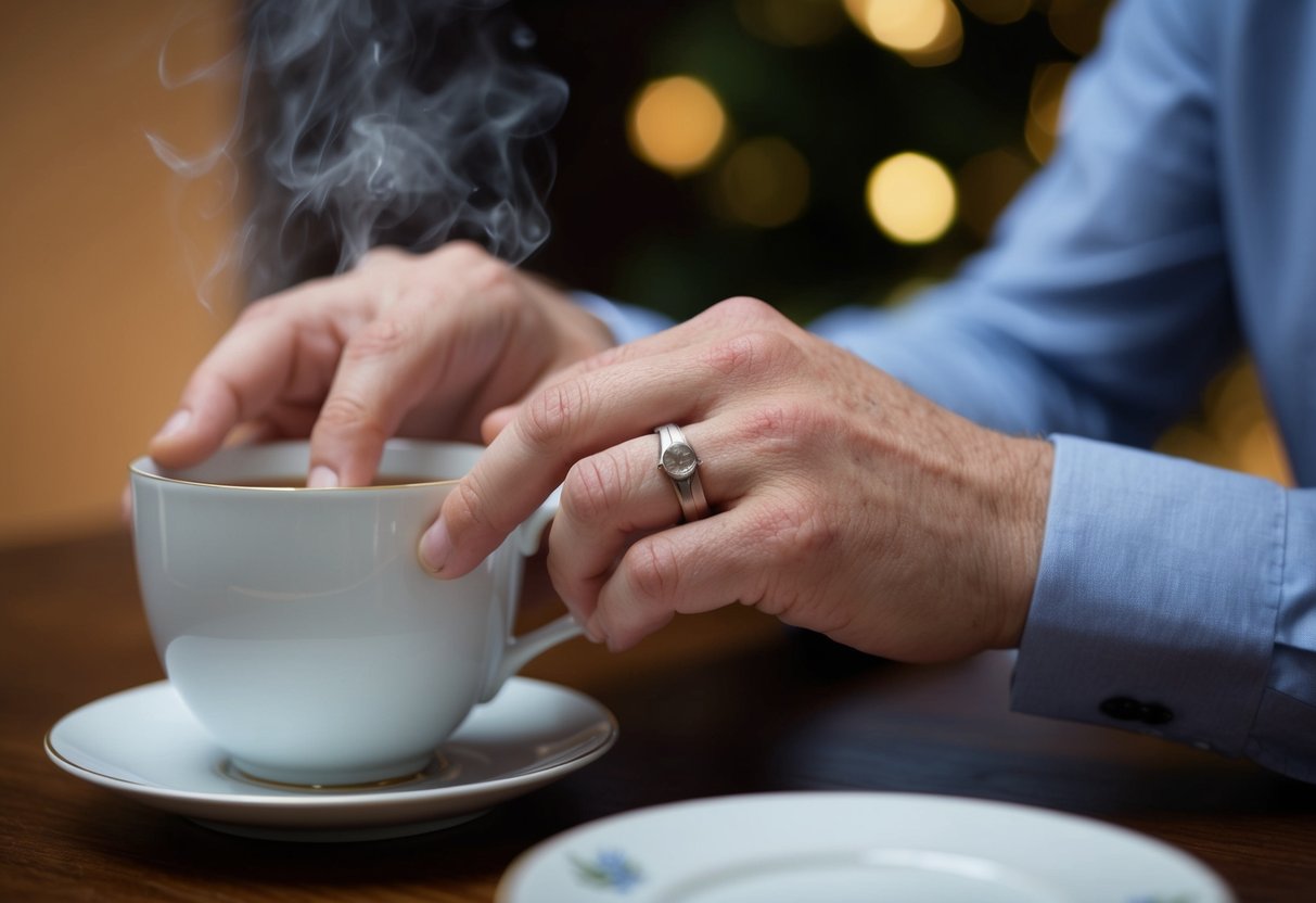 A British man's hand reaches for a cup of tea, revealing a bare ring finger
