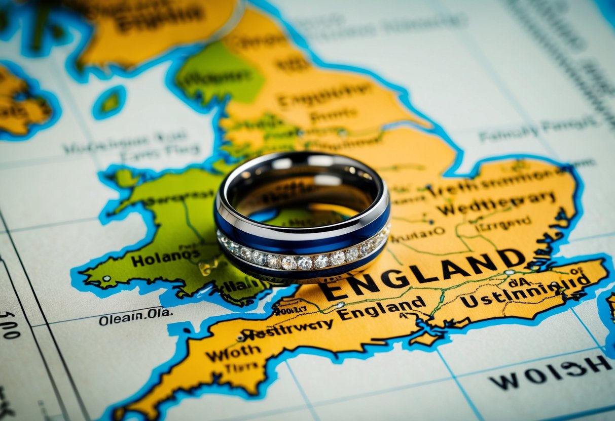 A British man's wedding ring resting on a vintage map of England