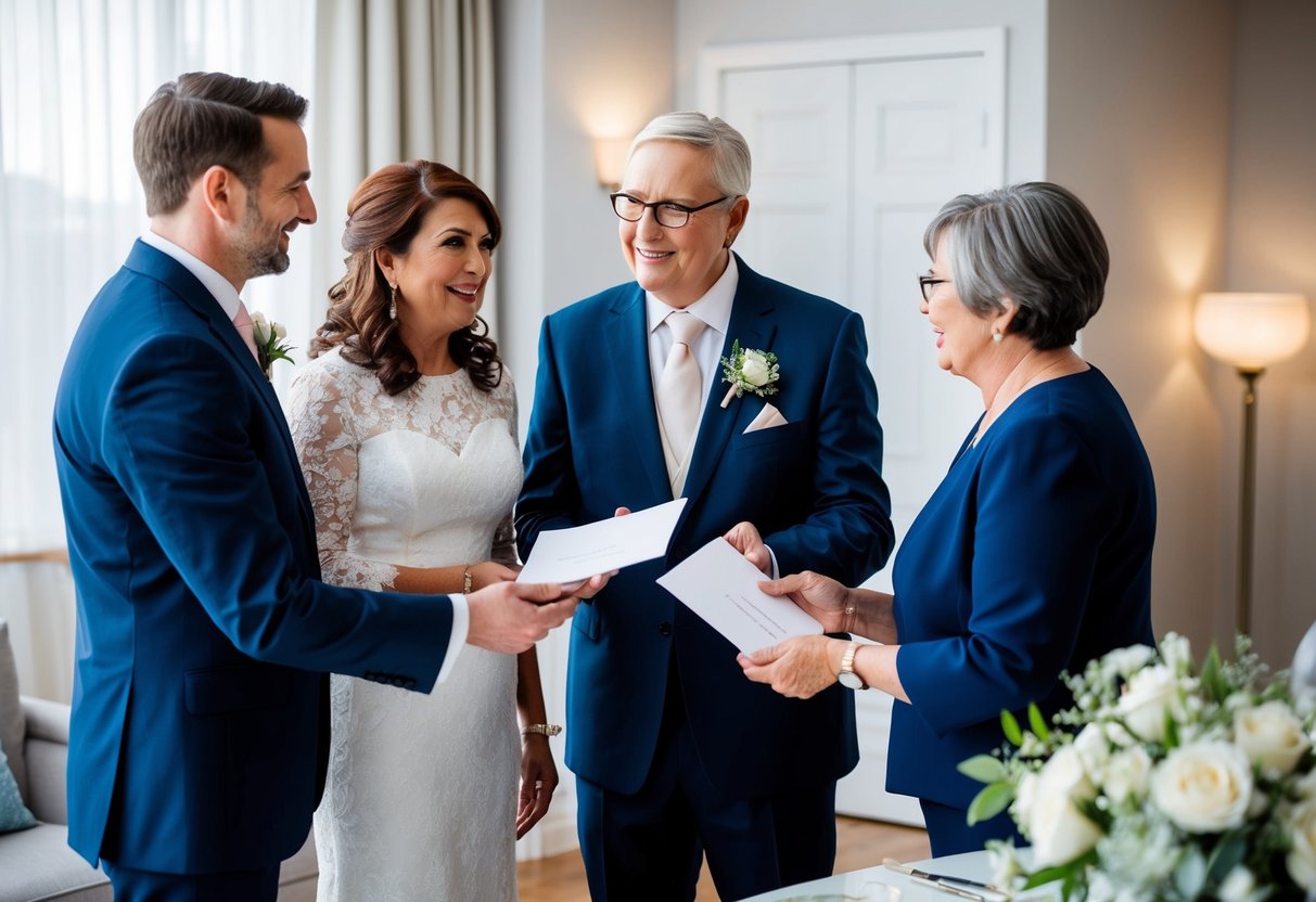 Groom's parents select guest list, handing invitations to wedding planner