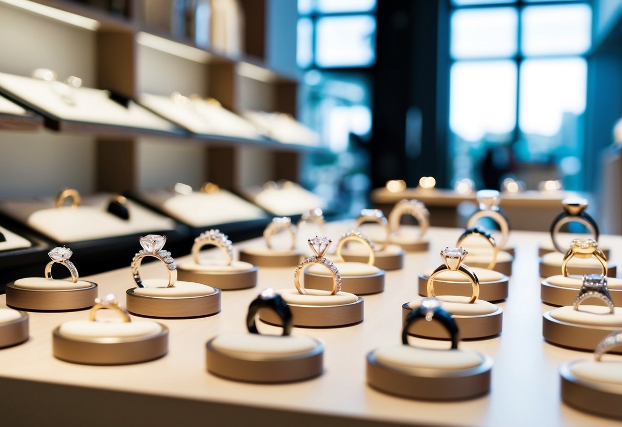 A diverse collection of wedding rings displayed in a modern jewelry store, showcasing various styles and materials
