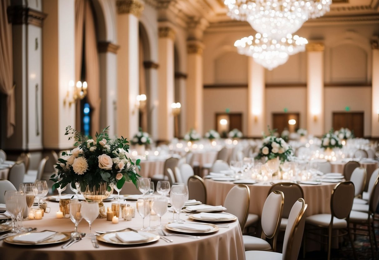 A grand banquet hall with elegant tables set for a formal dinner, adorned with floral centerpieces and soft lighting