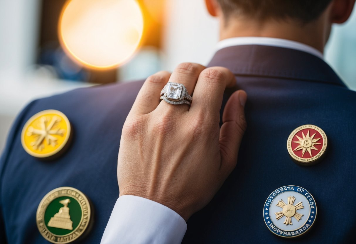 A man's wedding ring on his right hand, surrounded by symbols of strength and independence