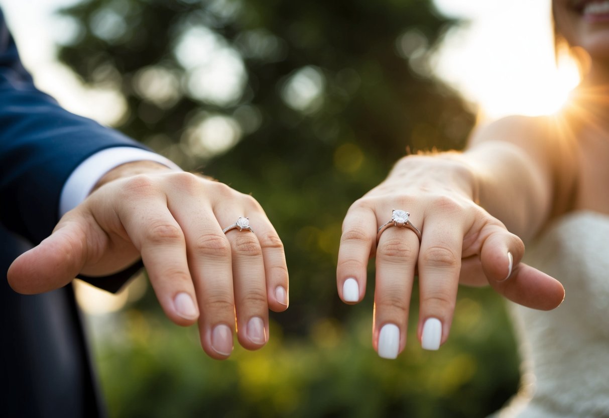 A man and a woman hold out their left hands, each wearing a ring on their ring finger, smiling at each other
